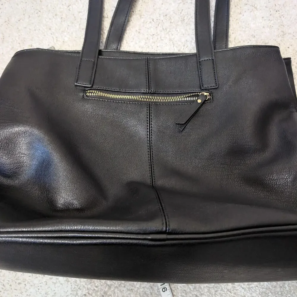 Black Faux Leather Tote Bag Multi Compartment